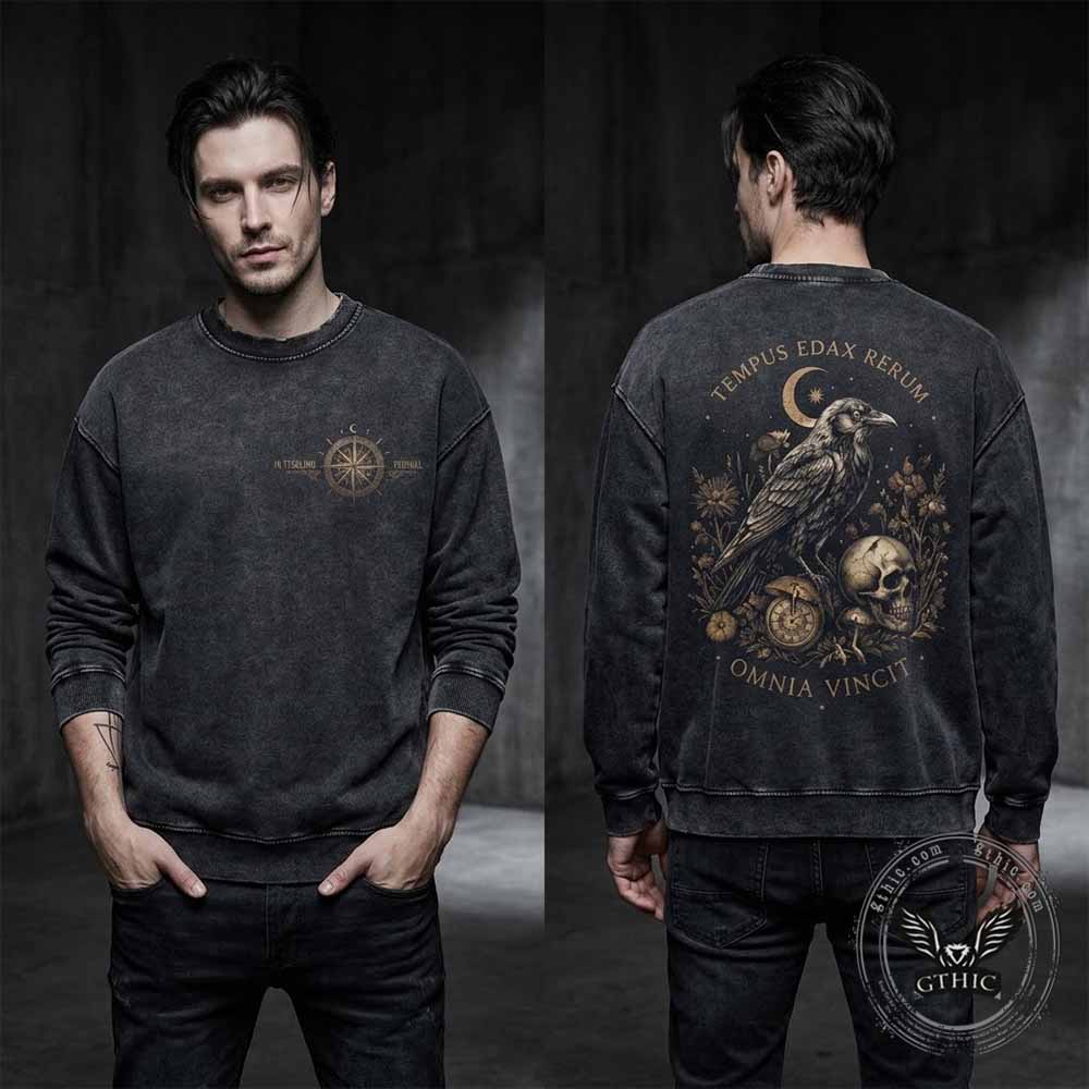 Gothic Moonlight Raven Skull Vintage Washed Sweatshirt | Gthic.com