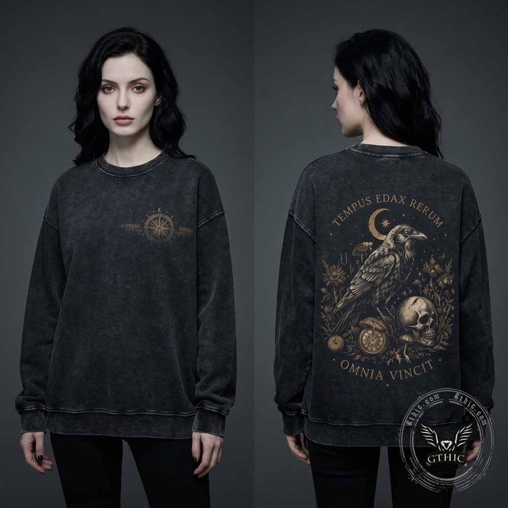 Gothic Moonlight Raven Skull Vintage Washed Sweatshirt | Gthic.com