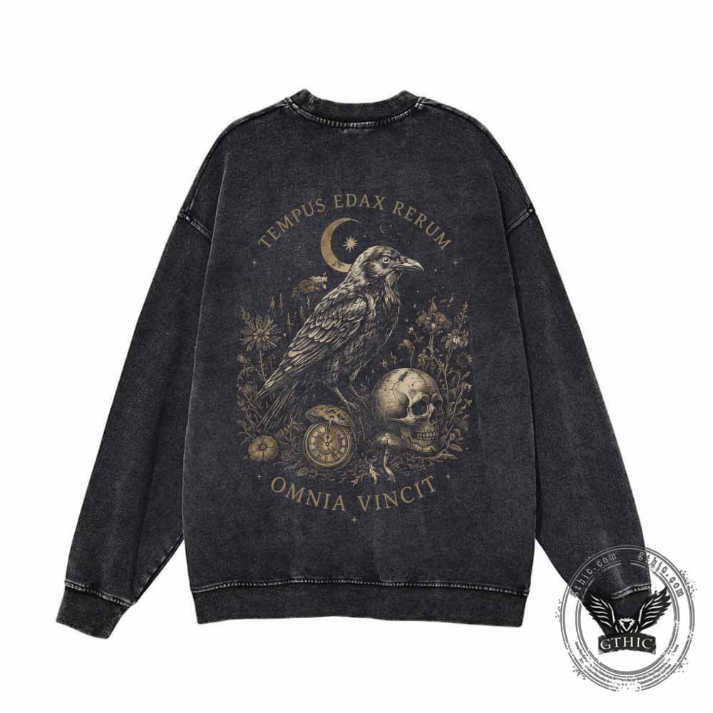 Gothic Moonlight Raven Skull Vintage Washed Sweatshirt