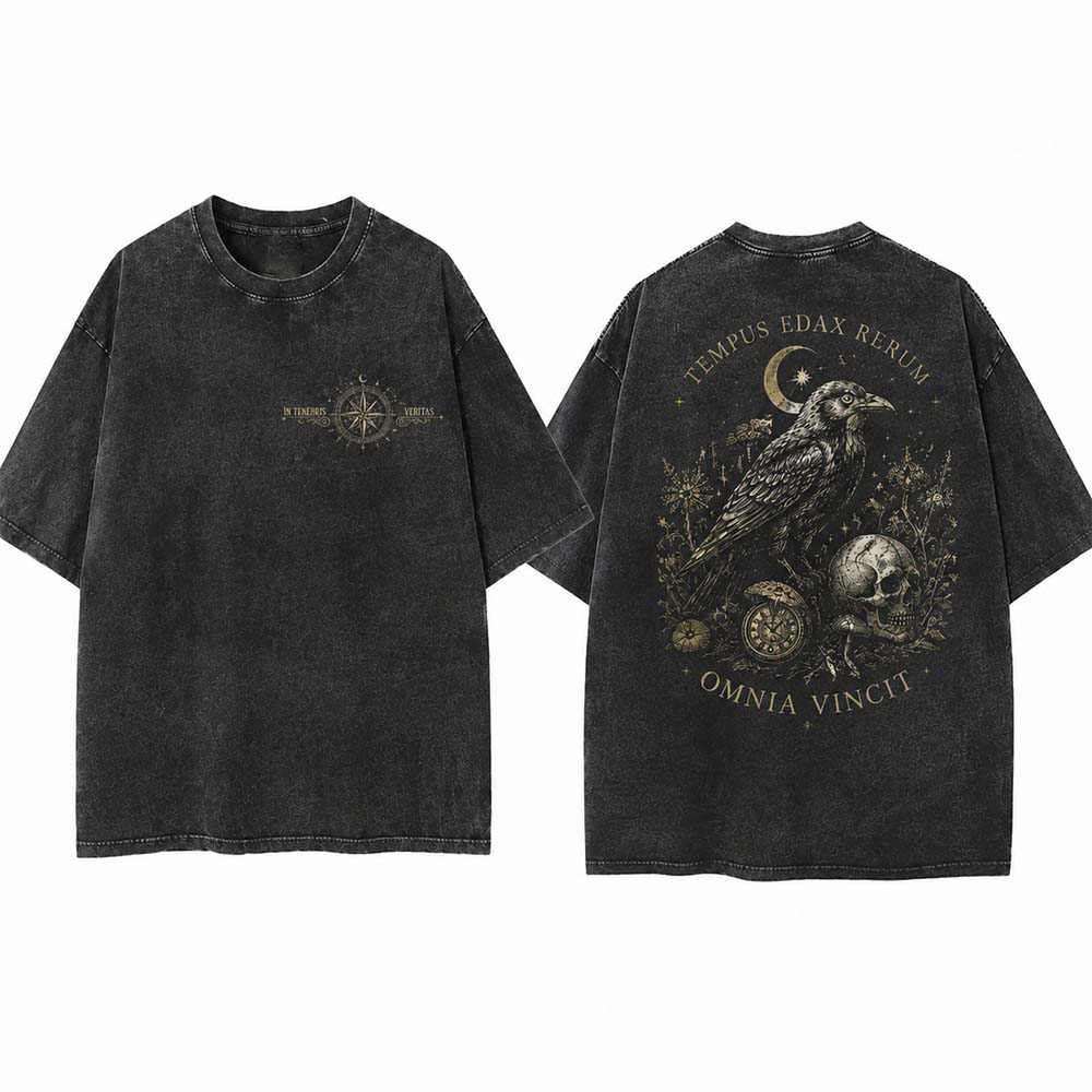 Gothic Moonlight Raven Skull Vintage Washed T-shirt | Gthic.com