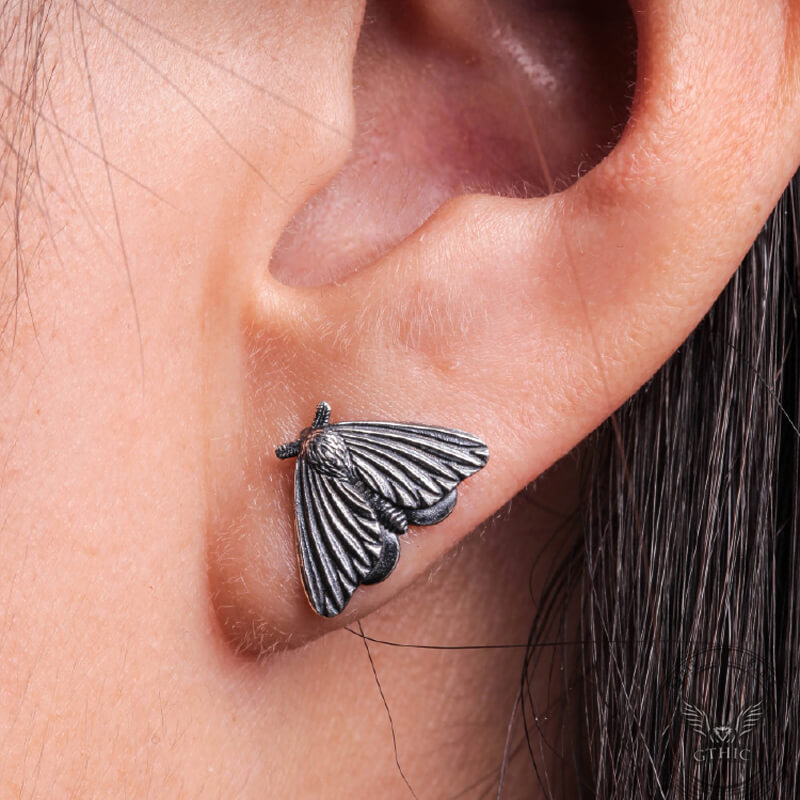 Gothic Moth Sterling Silver Stud Earrings | Gthic.com