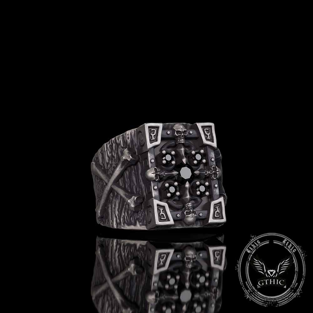 Gothic Multiple Skulls Cross Sterling Silver Zircon Ring | Gthic.com