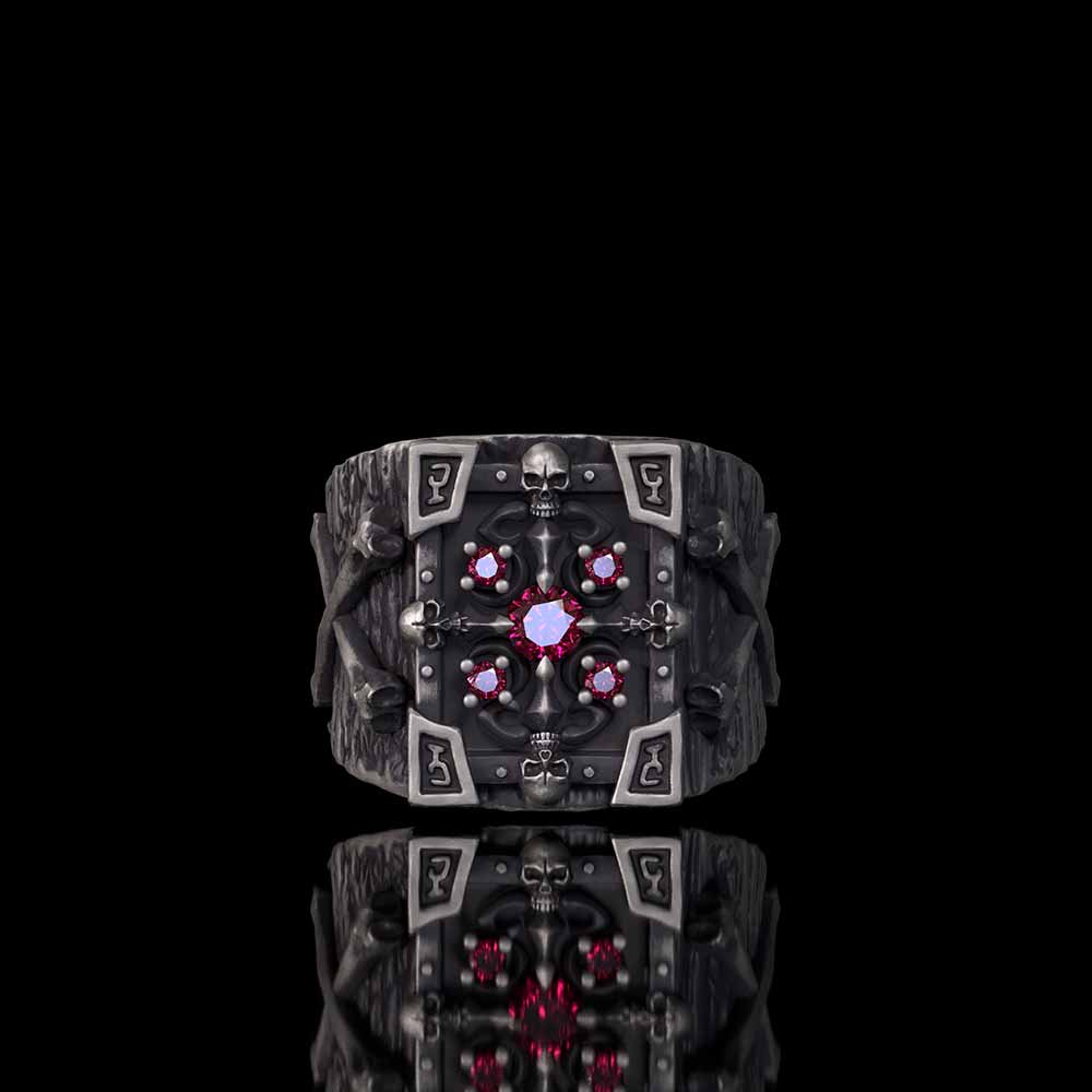 Gothic Multiple Skulls Cross Sterling Silver Zircon Ring | Gthic.com