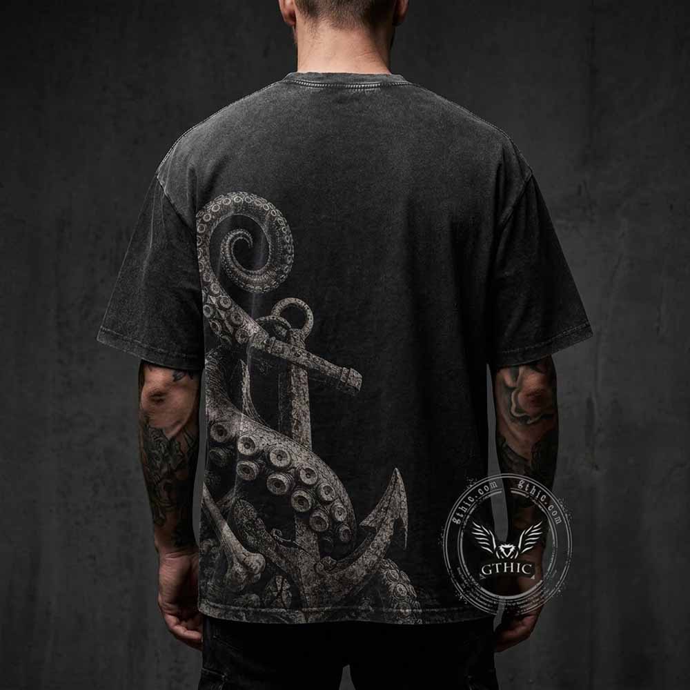 Gothic Octopus Anchor Vintage Washed T-shirt | Gthic.com