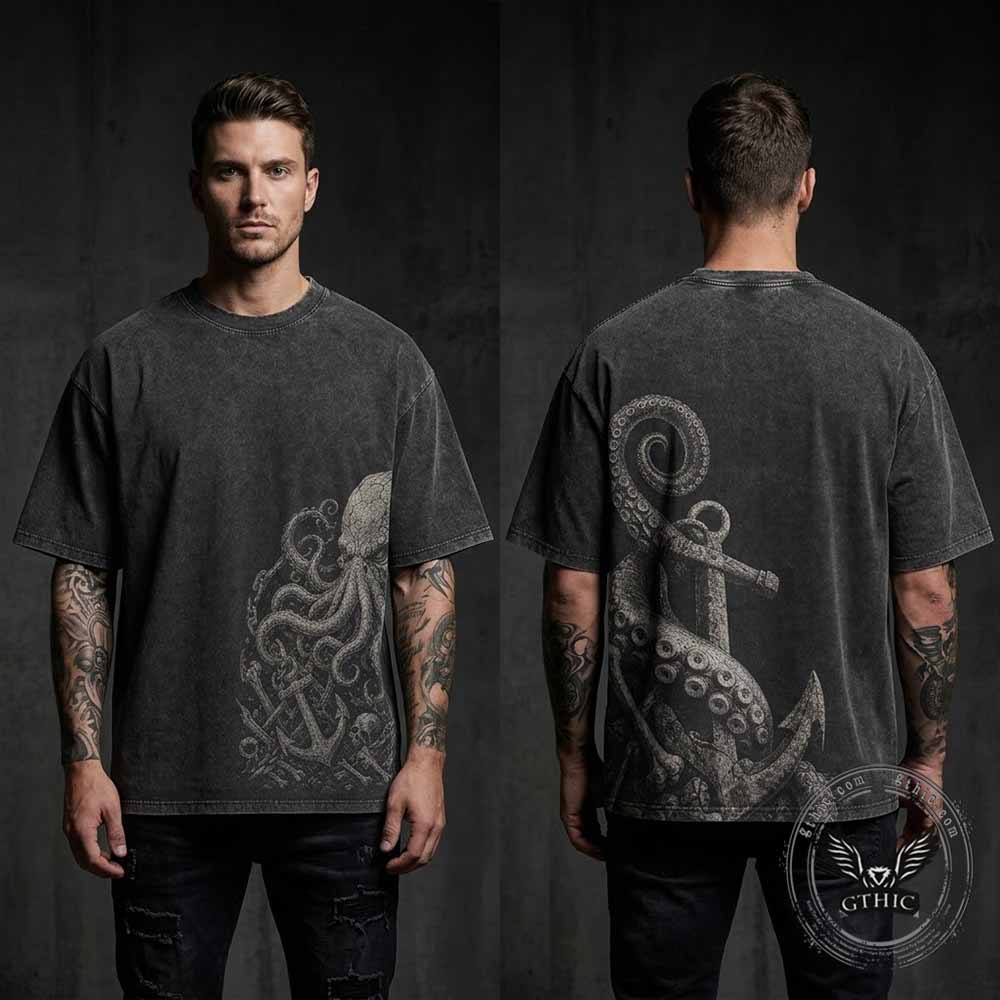 Gothic Octopus Anchor Vintage Washed T-shirt