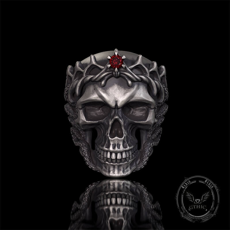 Gothic Octopus Gem Crown Skull Sterling Silver Ring | Gthic.com