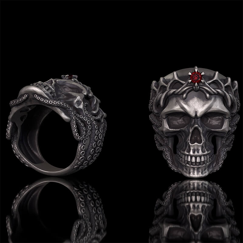 Gothic Octopus Gem Crown Skull Sterling Silver Ring | Gthic.com