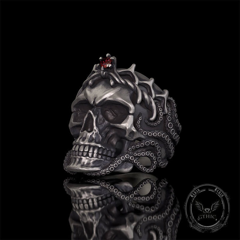 Gothic Octopus Gem Crown Skull Sterling Silver Ring | Gthic.com