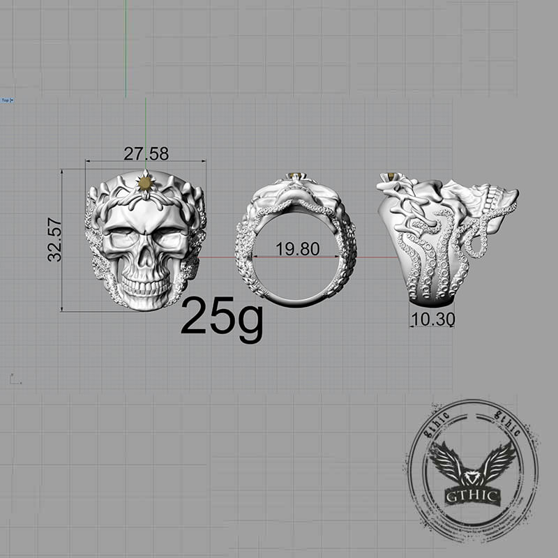 Gothic Octopus Gem Crown Skull Sterling Silver Ring