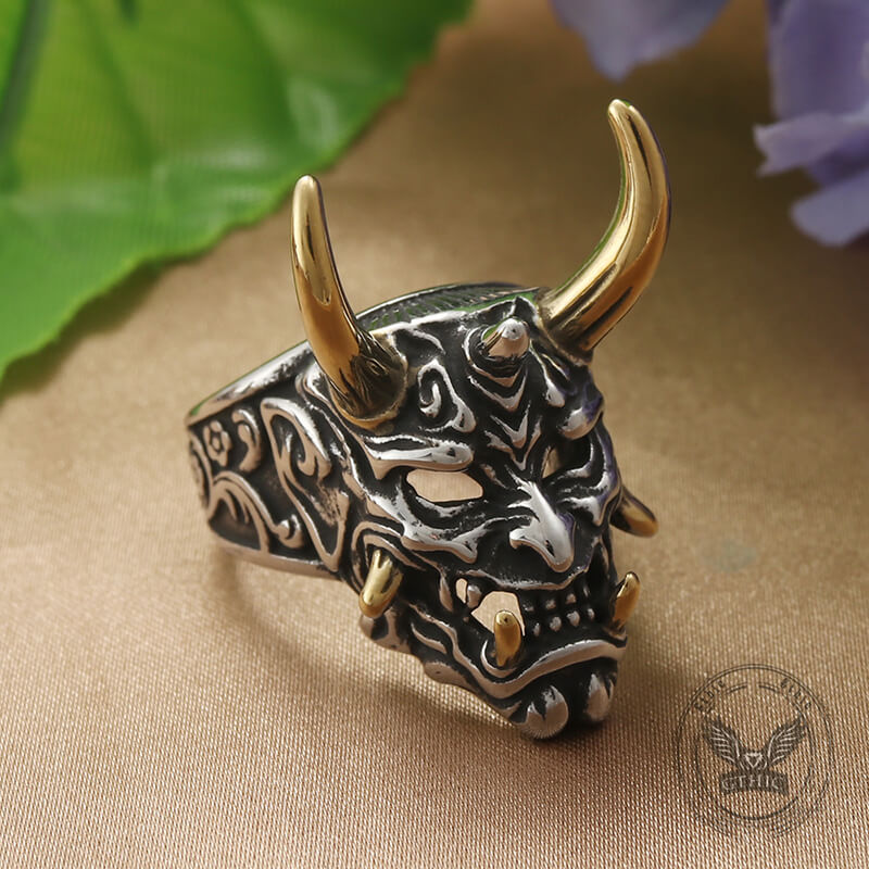 Gothic Oni Mask Stainless Steel Skull Ring | Gthic.com