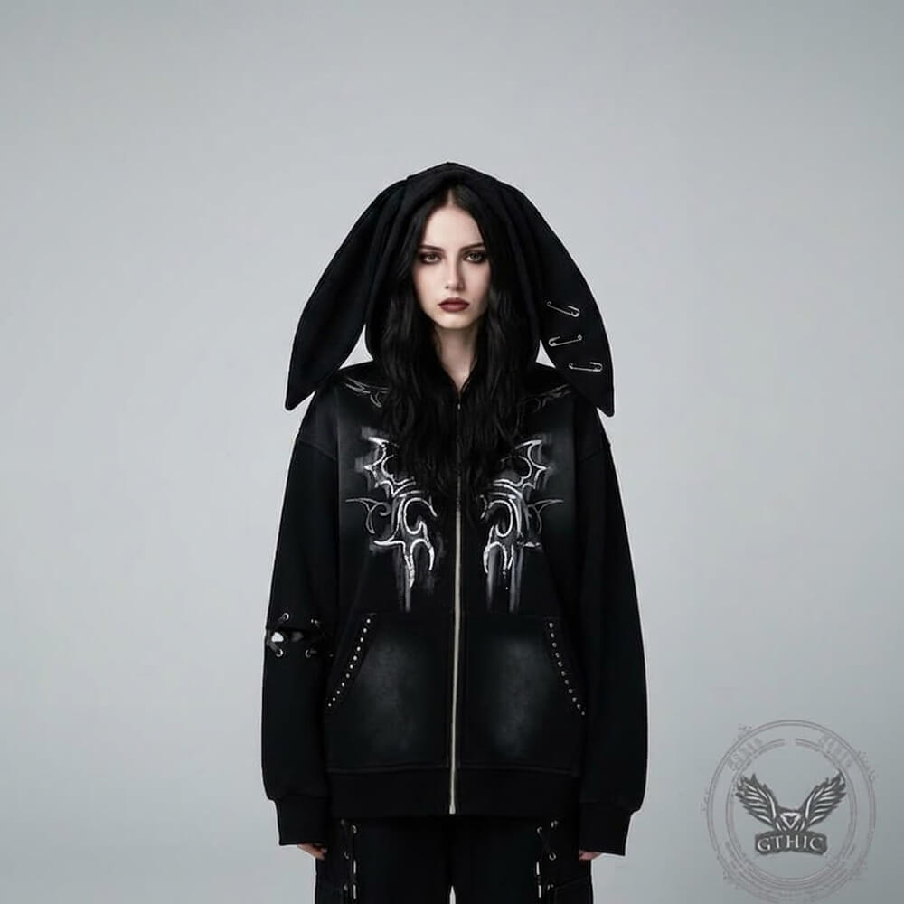 Gothic Paperclip Rabbit Ears Loose Hoodie Coat | Gthic.com