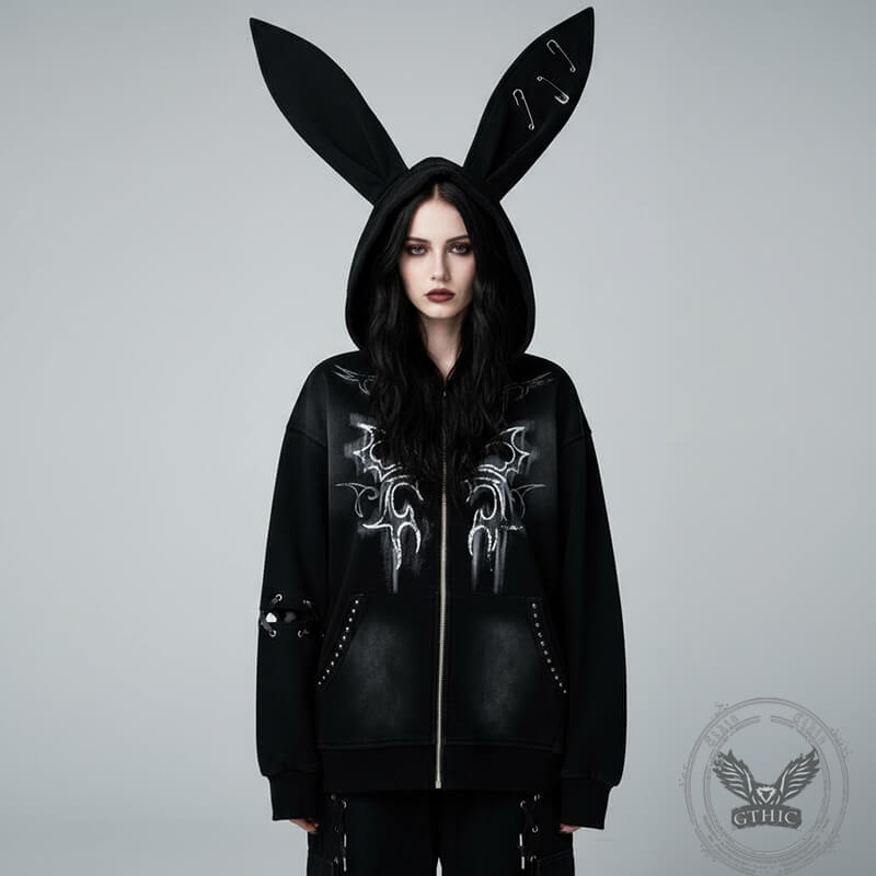 Gothic Paperclip Rabbit Ears Loose Hoodie Coat | Gthic.com