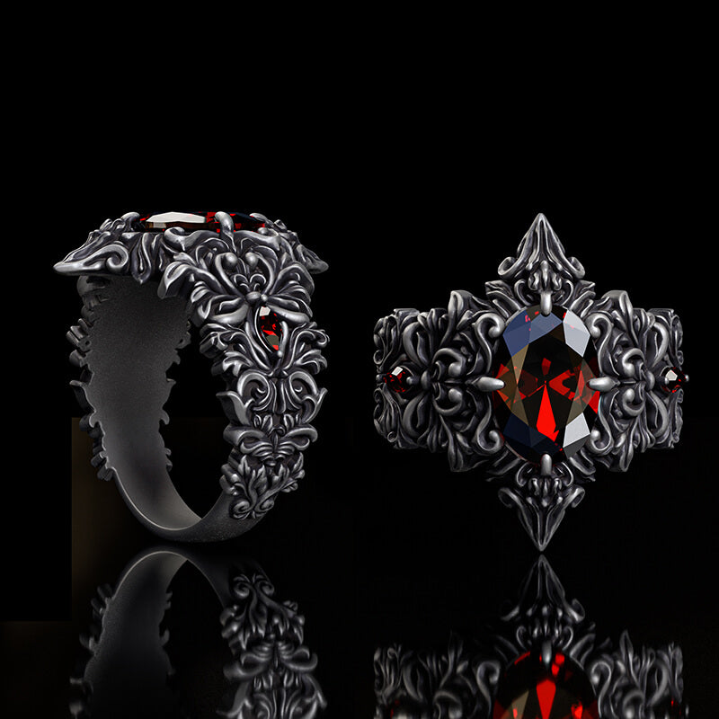 Gothic Pattern Inlaid Red Zircon Sterling Silver Ring | Gthic.com