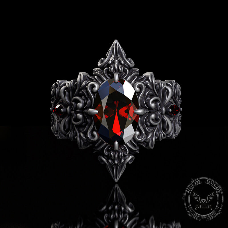 Gothic Pattern Inlaid Red Zircon Sterling Silver Ring | Gthic.com