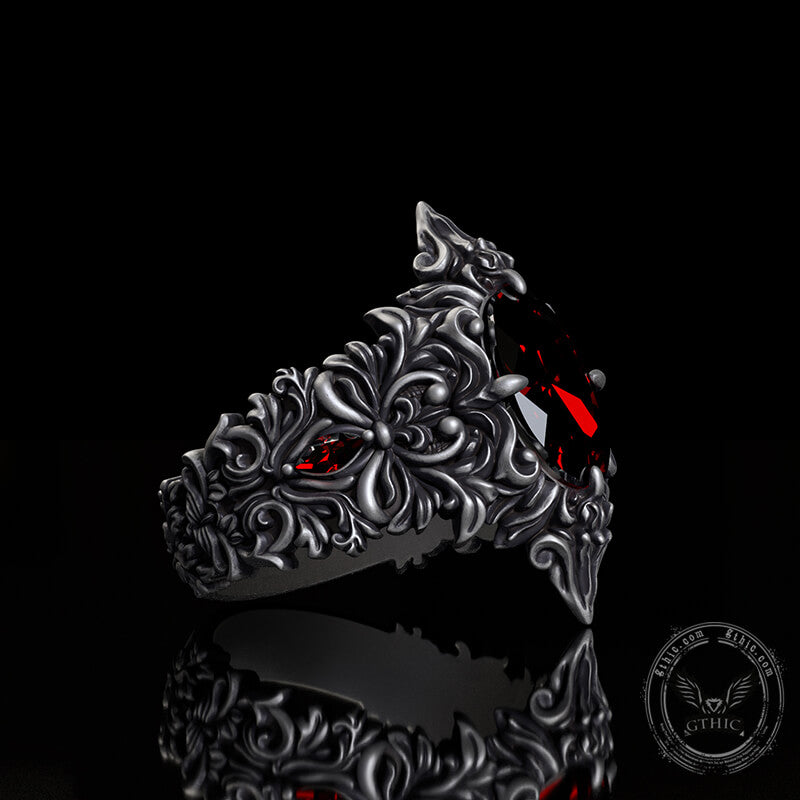 Gothic Pattern Inlaid Red Zircon Sterling Silver Ring