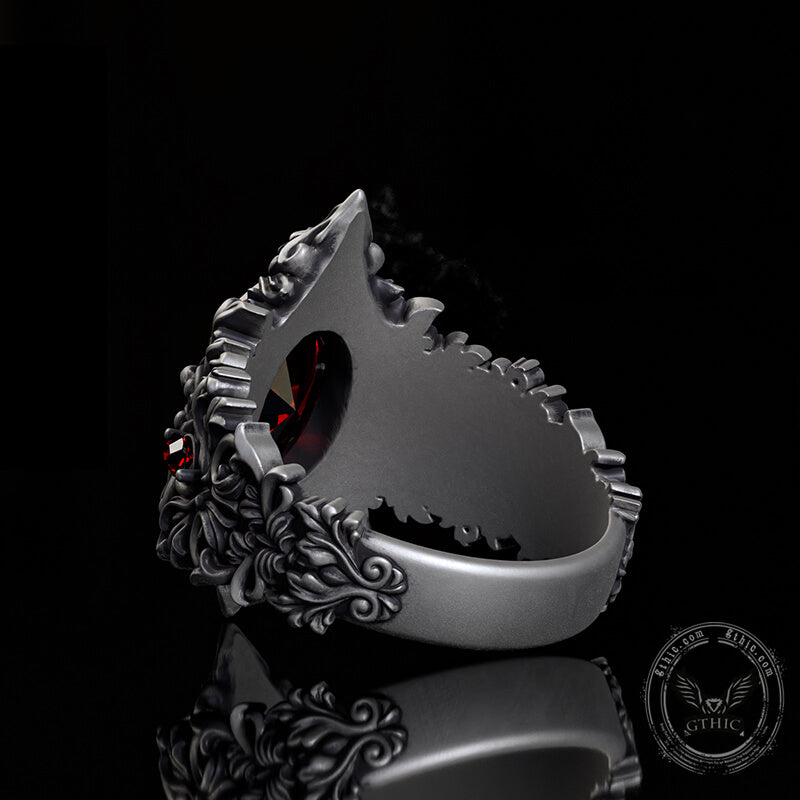 Gothic Pattern Inlaid Red Zircon Sterling Silver Ring