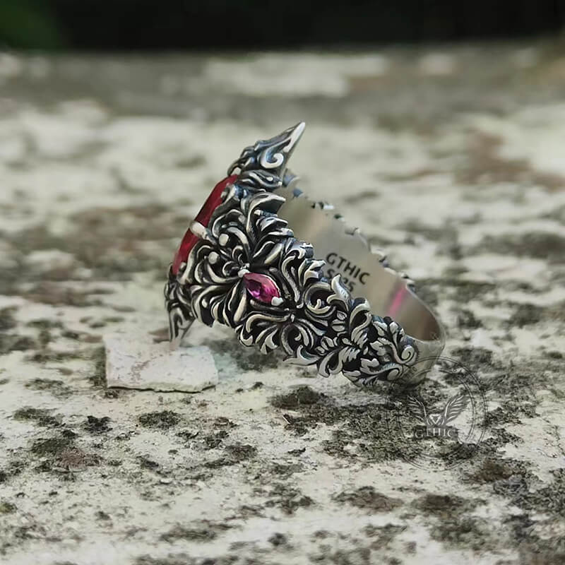 Gothic Pattern Inlaid Red Zircon Sterling Silver Ring – GTHIC