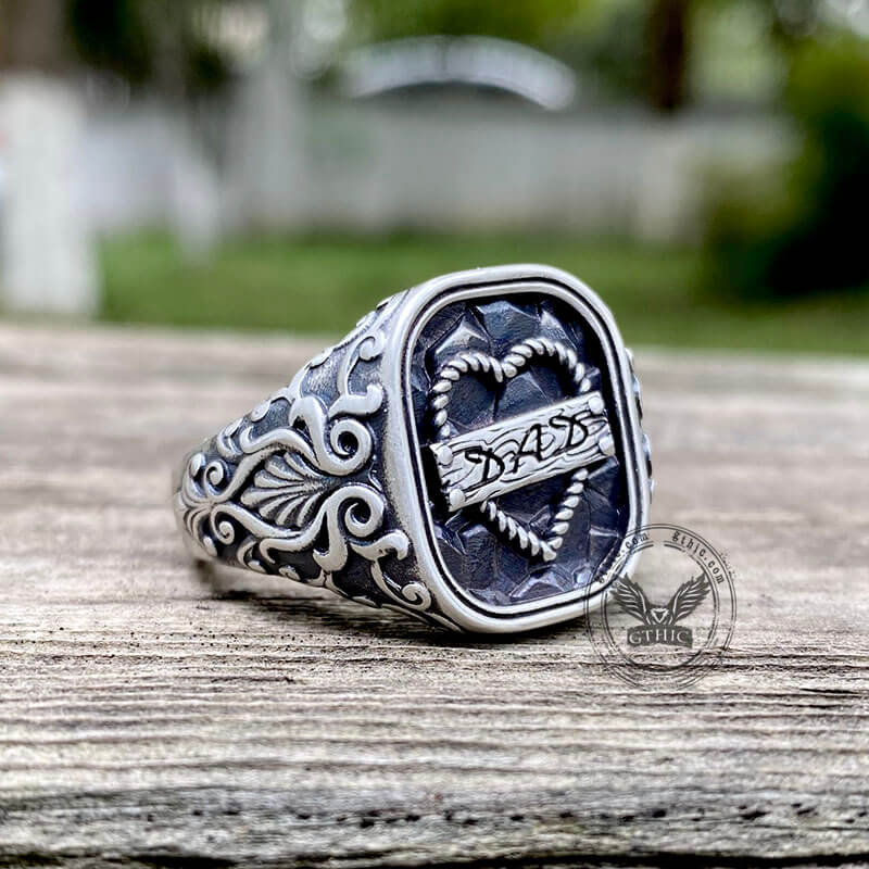 Gothic Pattern Dad Nameplate Sterling Silver Ring | Gthic.com