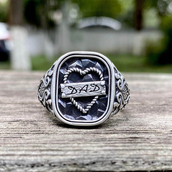 Gothic Pattern Dad Nameplate Sterling Silver Ring | Gthic.com