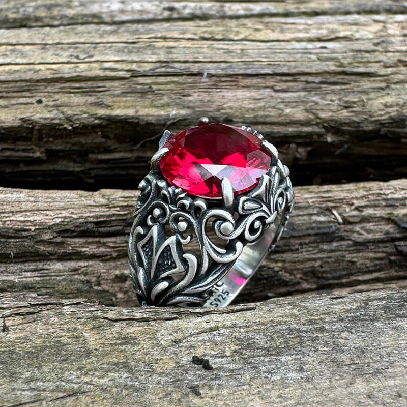 Gothic Pattern Red Zircon Sterling Silver Ring | Gthic.com