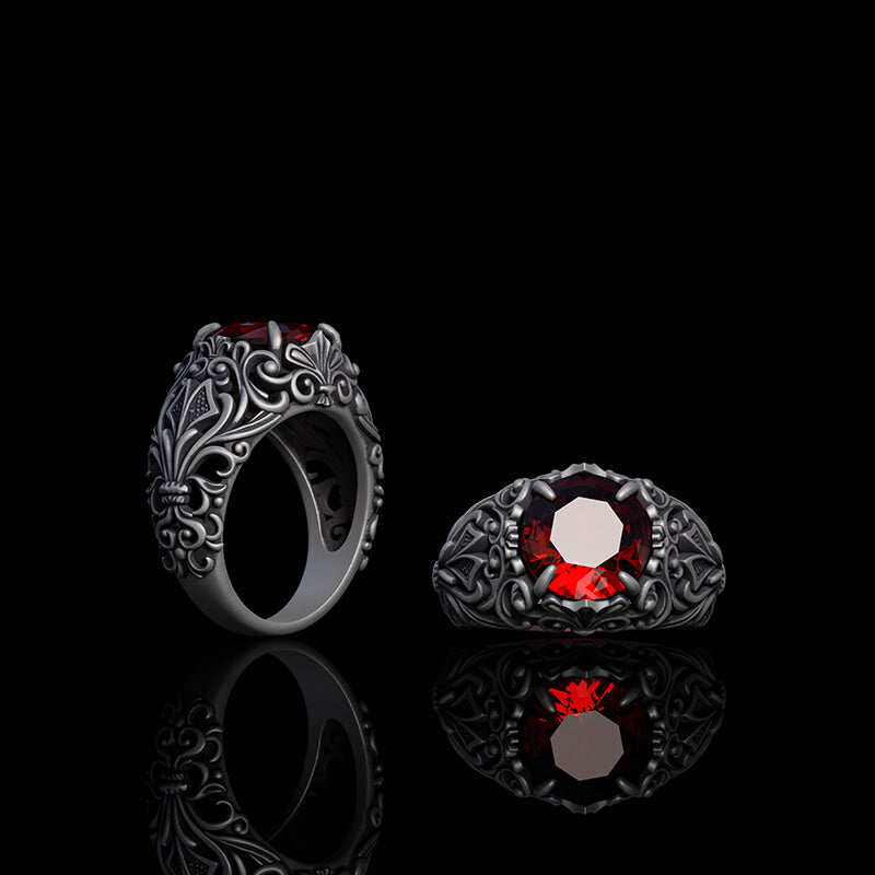 Gothic Pattern Red Zircon Sterling Silver Ring | Gthic.com