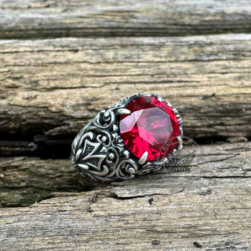 Gothic Pattern Red Zircon Sterling Silver Ring | Gthic.com