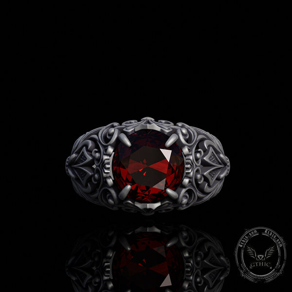 Gothic Pattern Red Zircon Sterling Silver Ring | Gthic.com