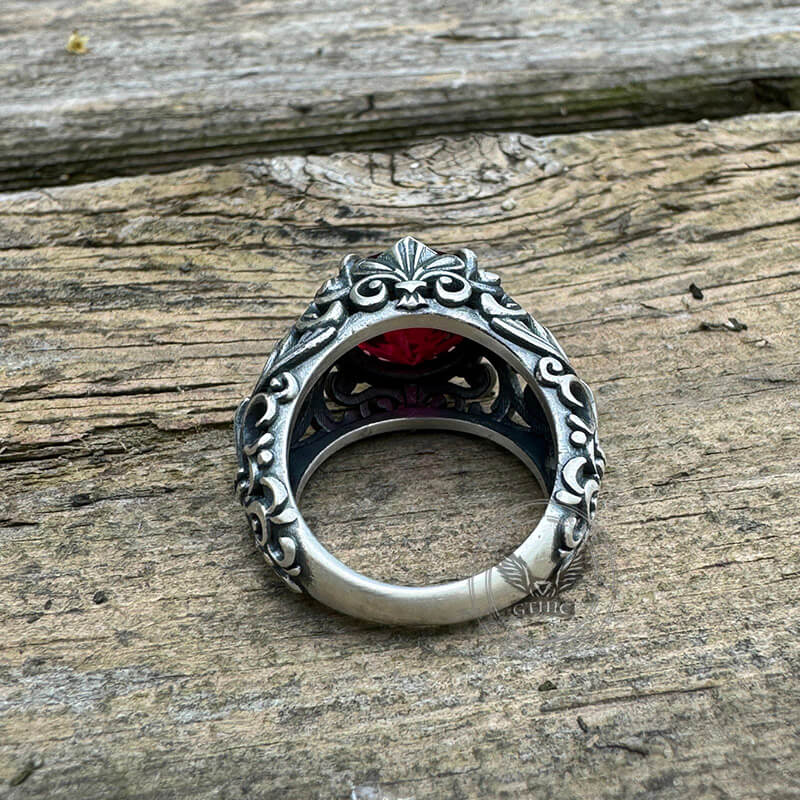 Gothic Pattern Red Zircon Sterling Silver Ring