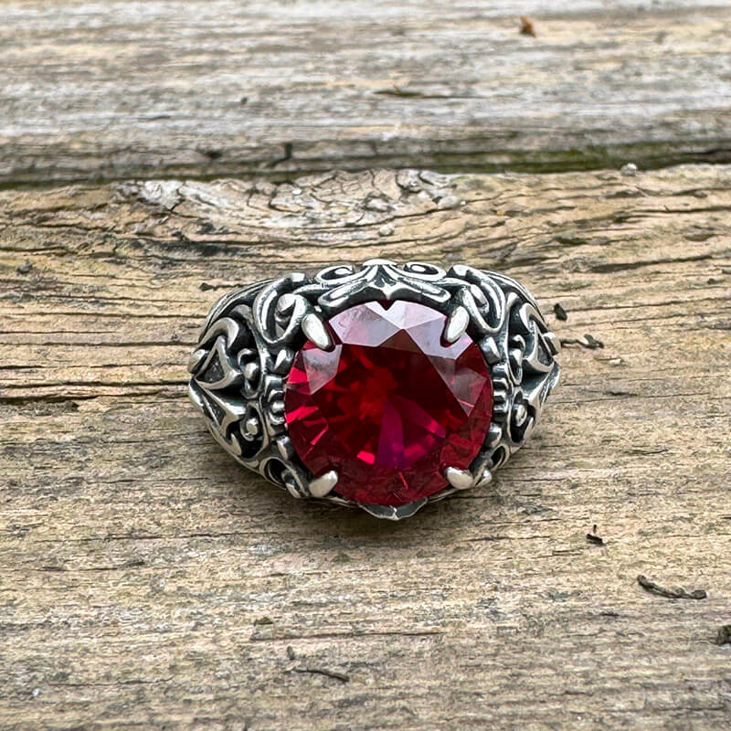 Gothic Pattern Red Zircon Sterling Silver Ring | Gthic.com