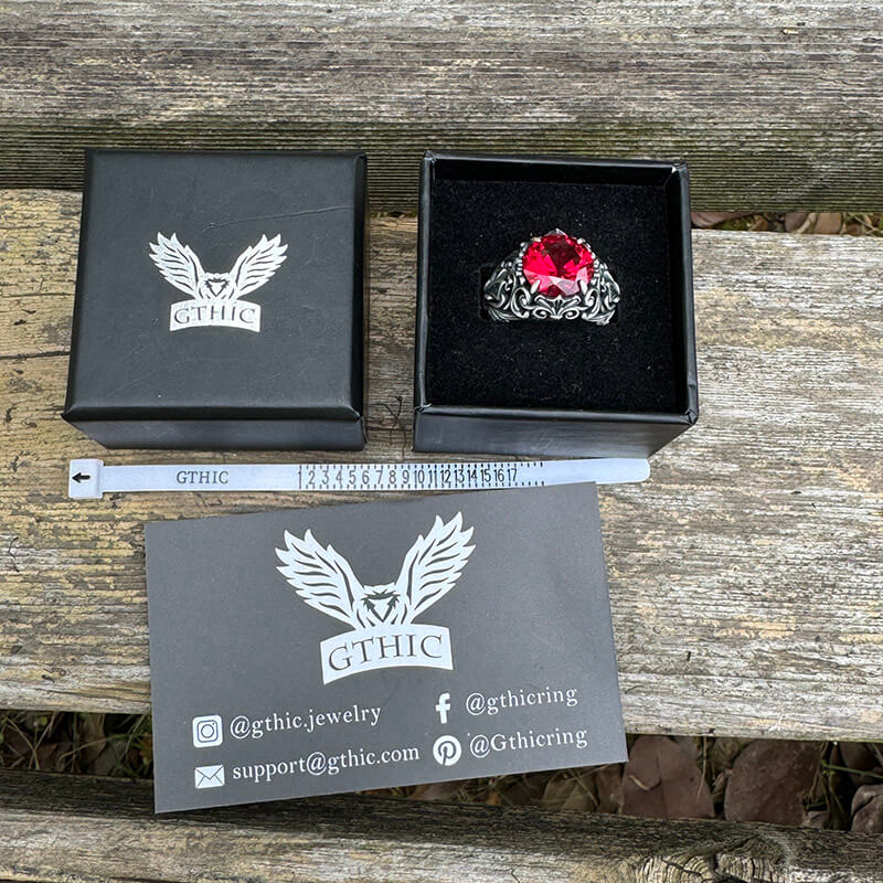 Gothic Pattern Red Zircon Sterling Silver Ring