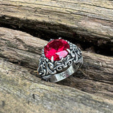 Gothic Pattern Red Zircon Sterling Silver Ring