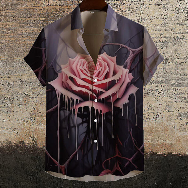 Gothic Pink Dripping Rose Short Sleeve Shirt | Gthic.com