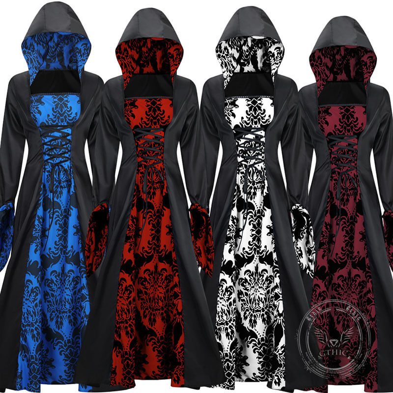 Gothic Print Palace Style Hooded Halloween Maxi Dress | Gthic.com