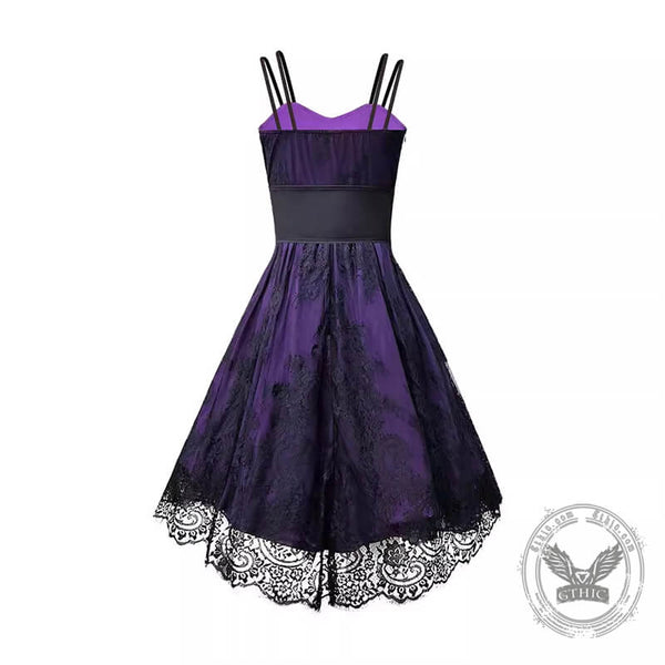 Gothic Purple Lace Patchwork Lace Up Dress | Gthic.com