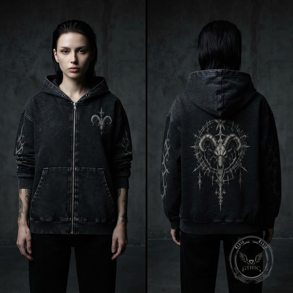 Gothic Ram Skull Vintage Washed Zip-Up Hooded Jacket | Gthic.com
