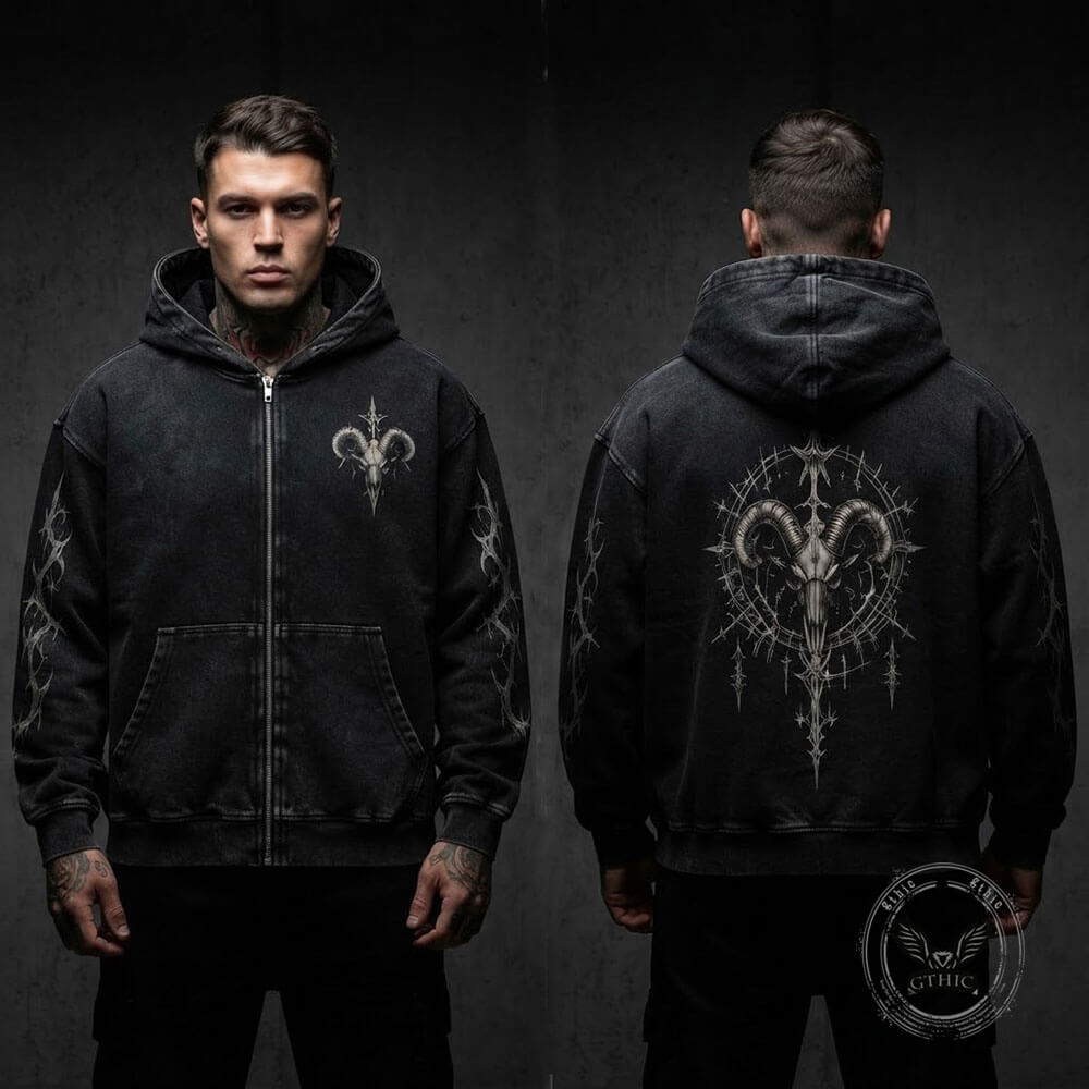 Gothic Ram Skull Vintage Washed Zip-Up Hooded Jacket | Gthic.com