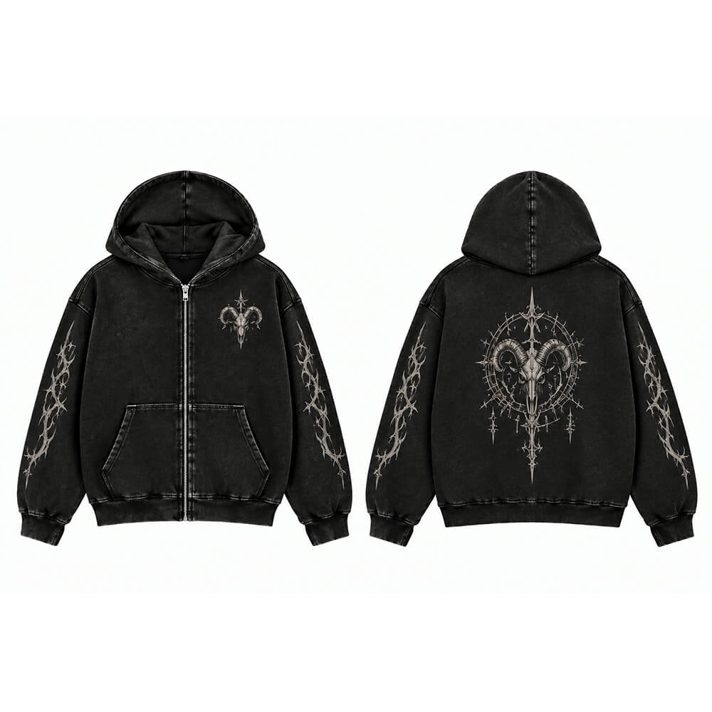 Gothic Ram Skull Vintage Washed Zip-Up Hooded Jacket