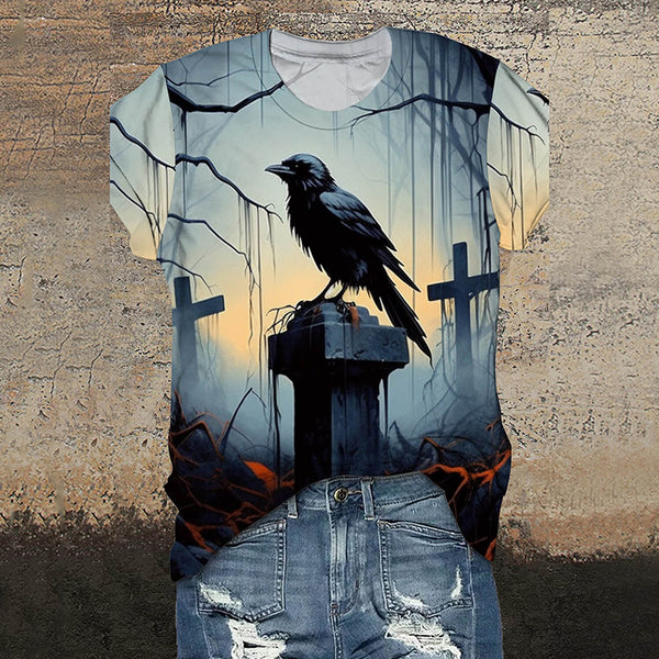 Gothic Raven Cross Round Neck Short Sleeve T-Shirt | Gthic.com