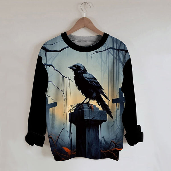 Gothic Raven Cross Round Neck Sweatshirt | Gthic.com