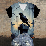 Gothic Raven Cross V-Neck Short Sleeve T-Shirt | Gthic.com