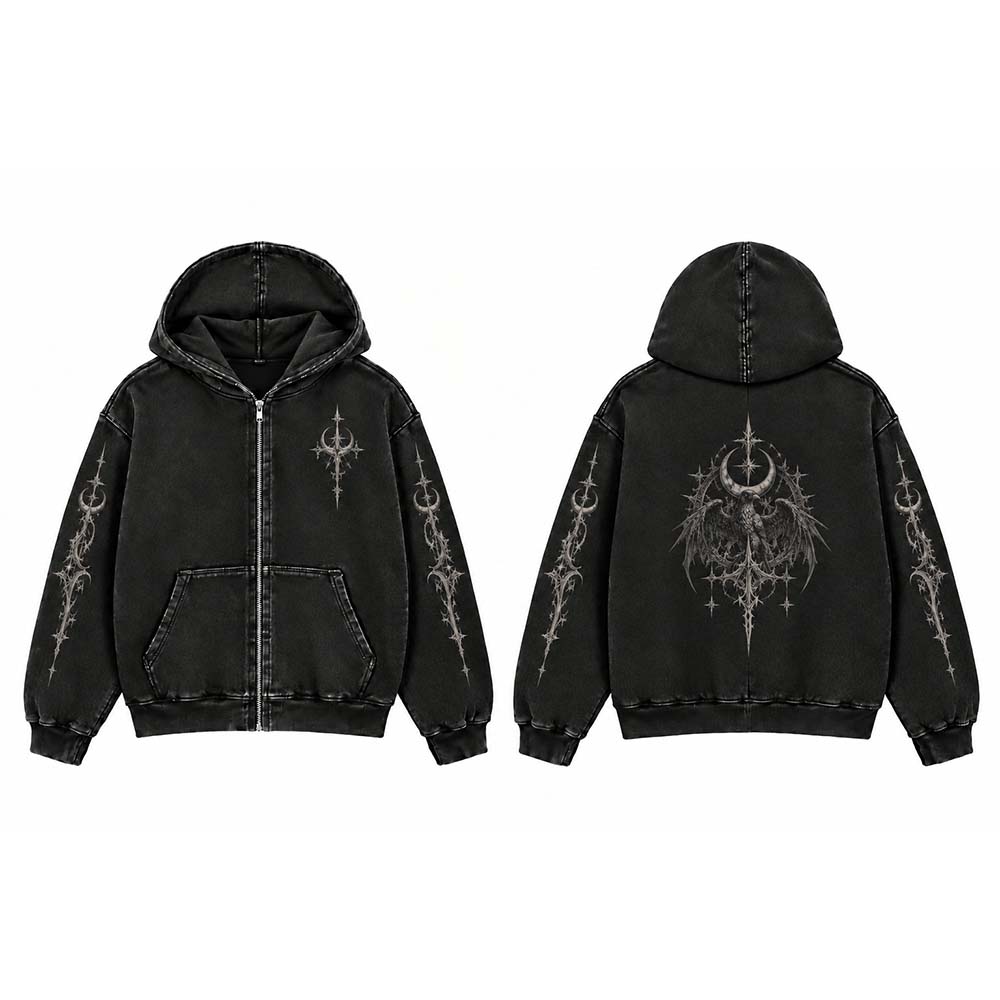 Gothic Raven Cross Vintage Washed Zip-Up Hooded Jacket | Gthic.com