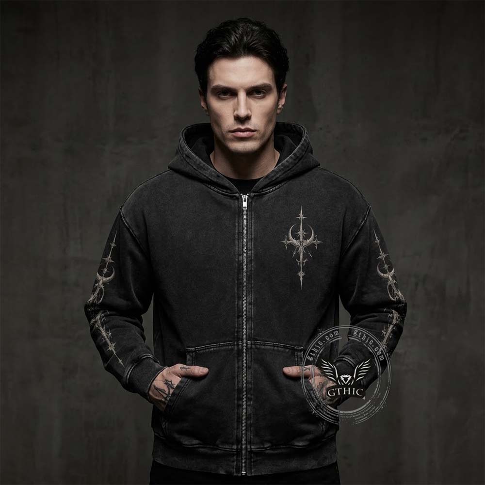 Gothic Raven Cross Vintage Washed Zip-Up Hooded Jacket | Gthic.com