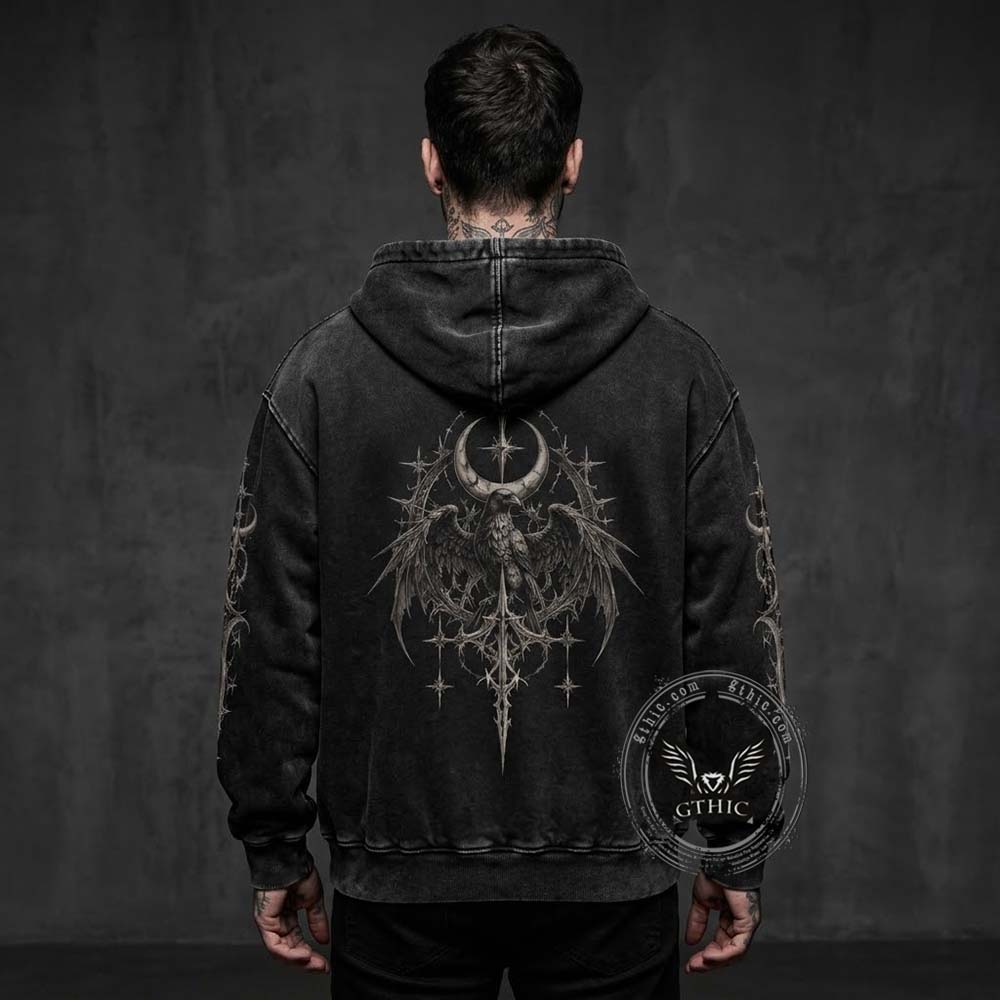 Gothic Raven Cross Vintage Washed Zip-Up Hooded Jacket | Gthic.com