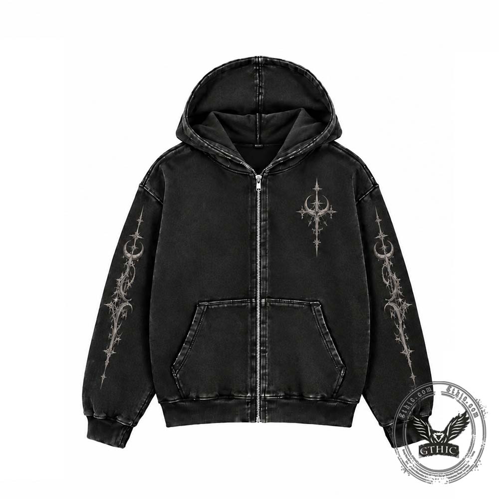Gothic Raven Cross Vintage Washed Zip-Up Hooded Jacket