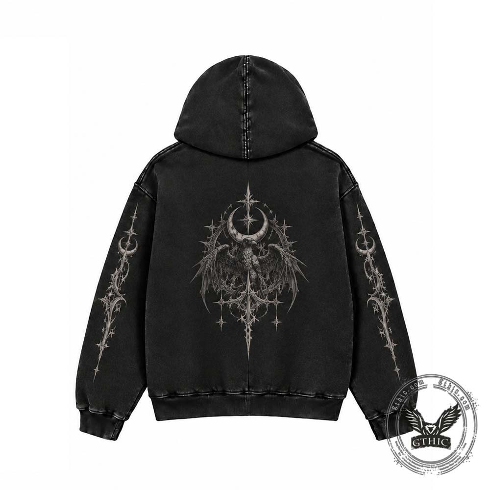 Gothic Raven Cross Vintage Washed Zip-Up Hooded Jacket