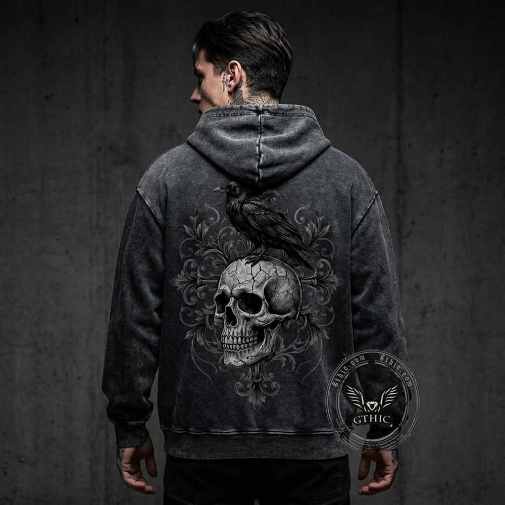 Gothic Raven Skull Cotton Vintage Washed Hoodie | Gthic.com