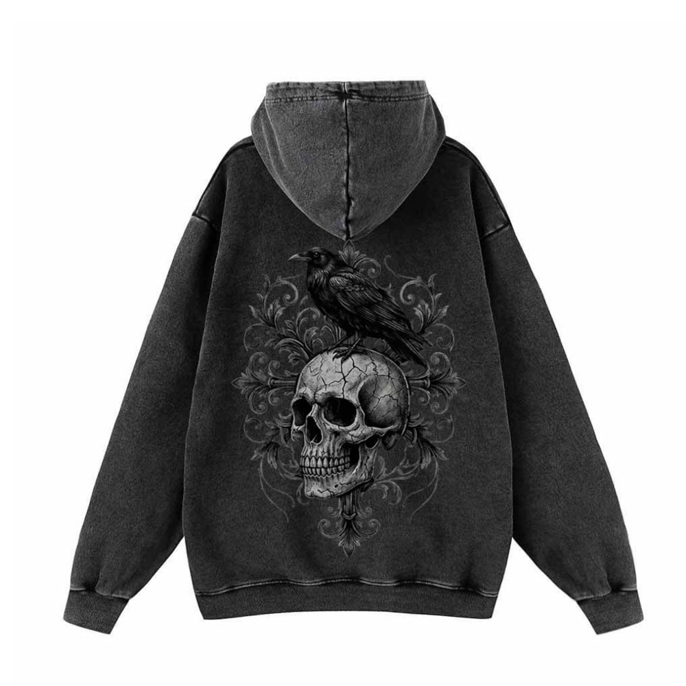 Gothic Raven Skull Cotton Vintage Washed Hoodie | Gthic.com