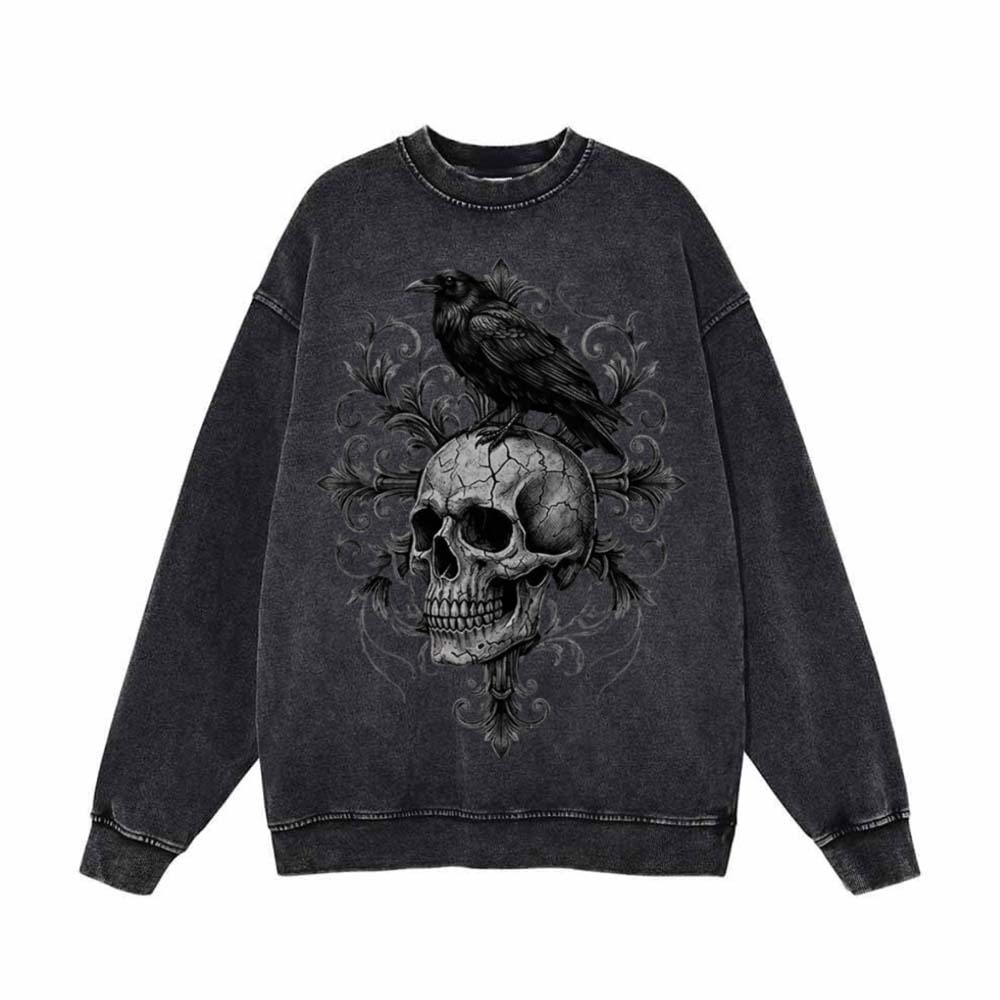 Gothic Raven Skull Cotton Vintage Washed Sweatshirt | Gthic.com