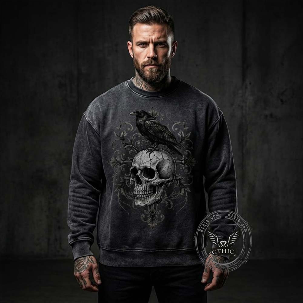 Gothic Raven Skull Cotton Vintage Washed Sweatshirt | Gthic.com