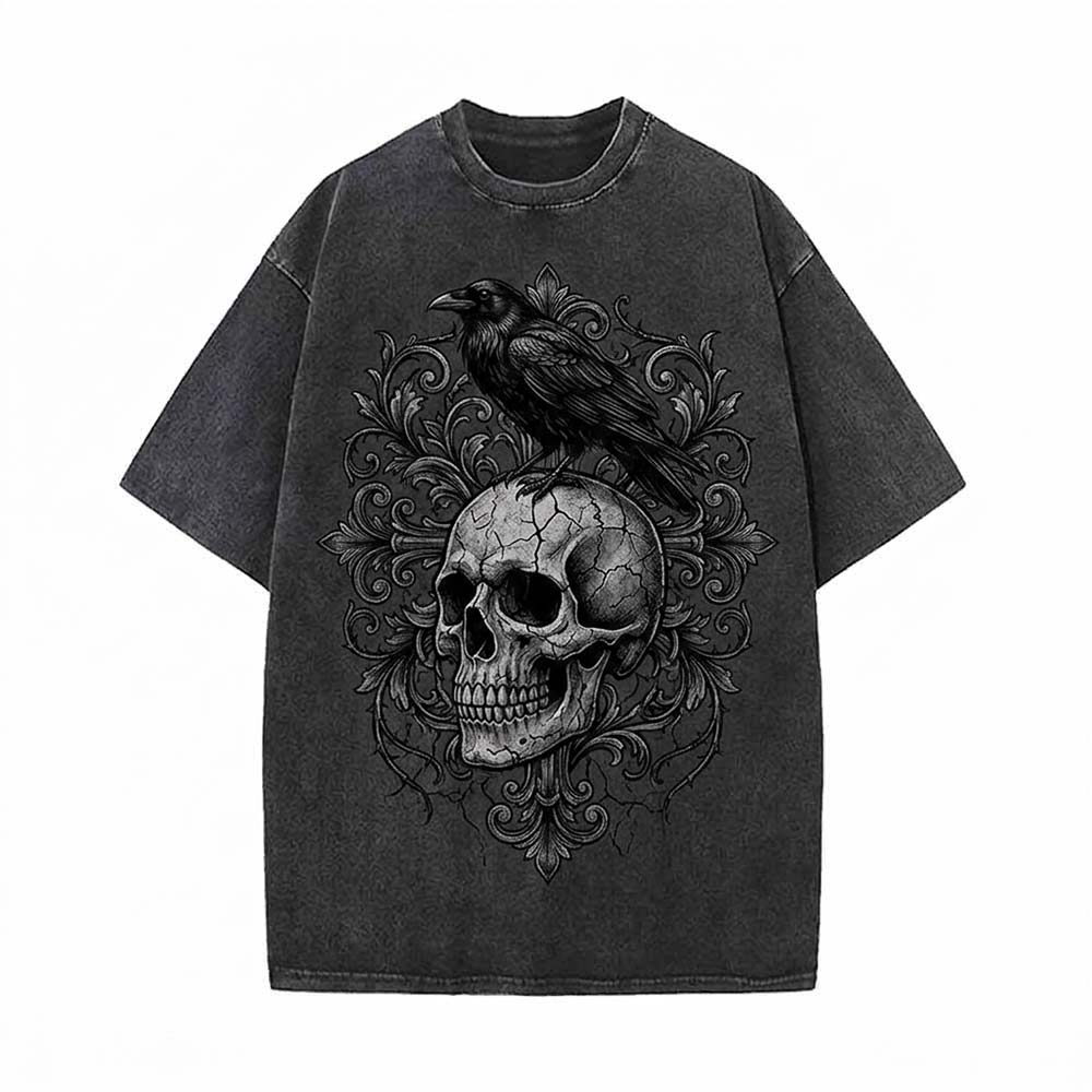 Gothic Raven Skull Cotton Vintage Washed T-shirt | Gthic.com